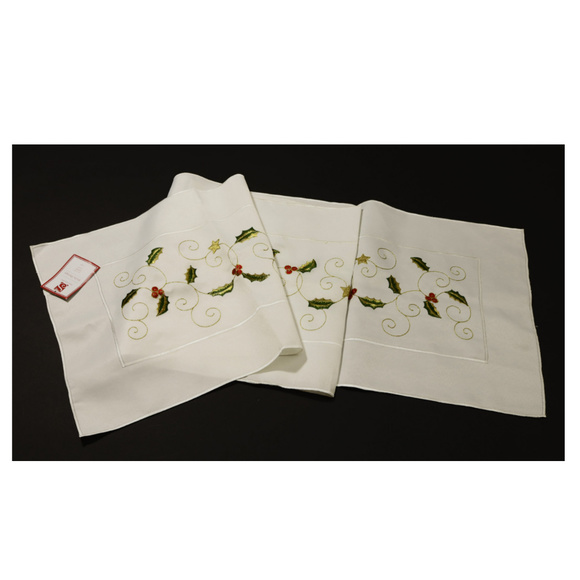 NWT Embroidered Holly Table Runner White 14x72 inches - Picture 2 of 2
